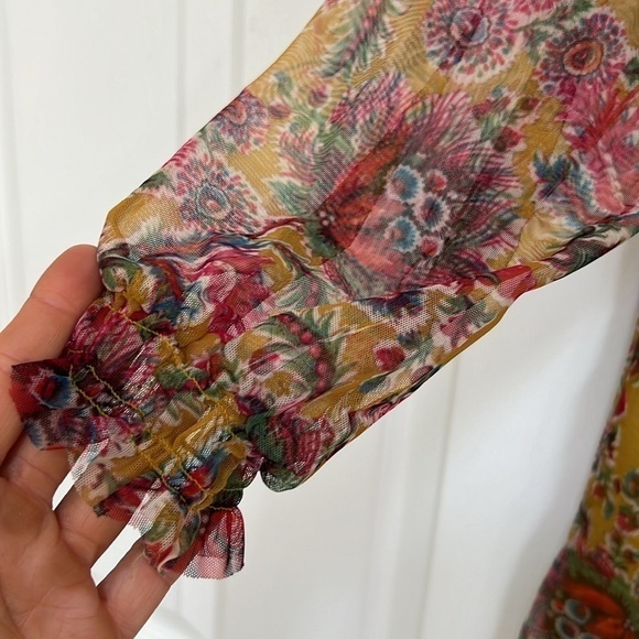 Anthropologie Gretchen Yellow Mesh Floral Print Smocked Top Blouse - Picture 5 of 9